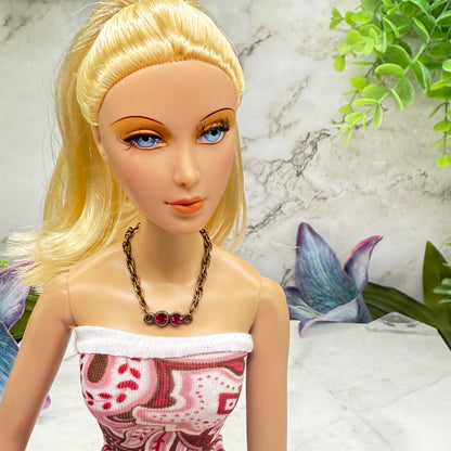 Dark Pink Red Rhinestone Bronze Copper Tone Chain Doll Necklace • 16 Inch Fashion Doll Jewelry