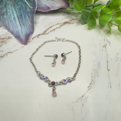 Pink Purple Rhinestone Silver Doll Necklace & Earrings Set • 18 Inch Fashion Doll Jewelry