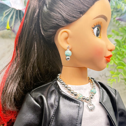 Turquoise Blue Swirl & Silver Beaded Doll Necklace & Earrings Set • 18 Inch Fashion Doll Jewelry