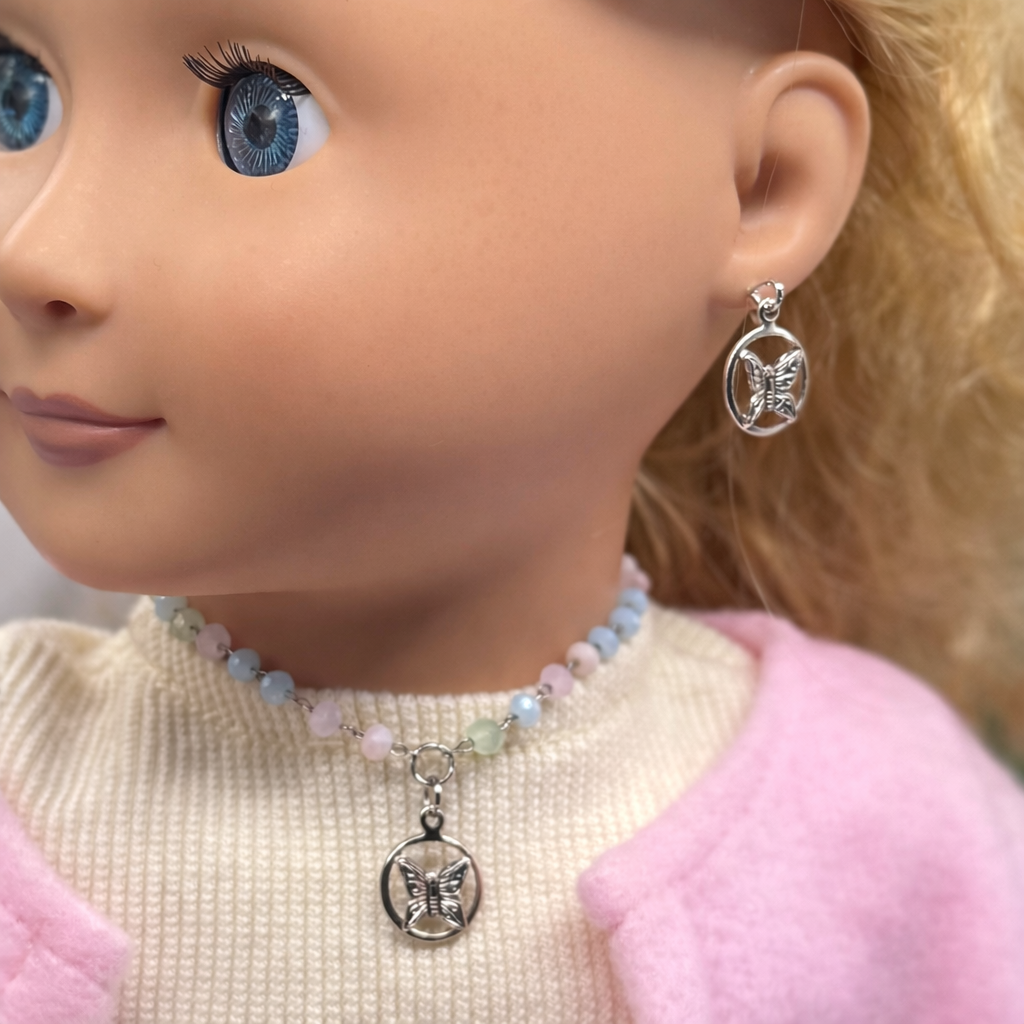 Pastel Blue Pink Green Glass Bead Silver Butterfly Charm Doll Necklace & Earrings Set • 18 Inch Fashion Doll Jewelry