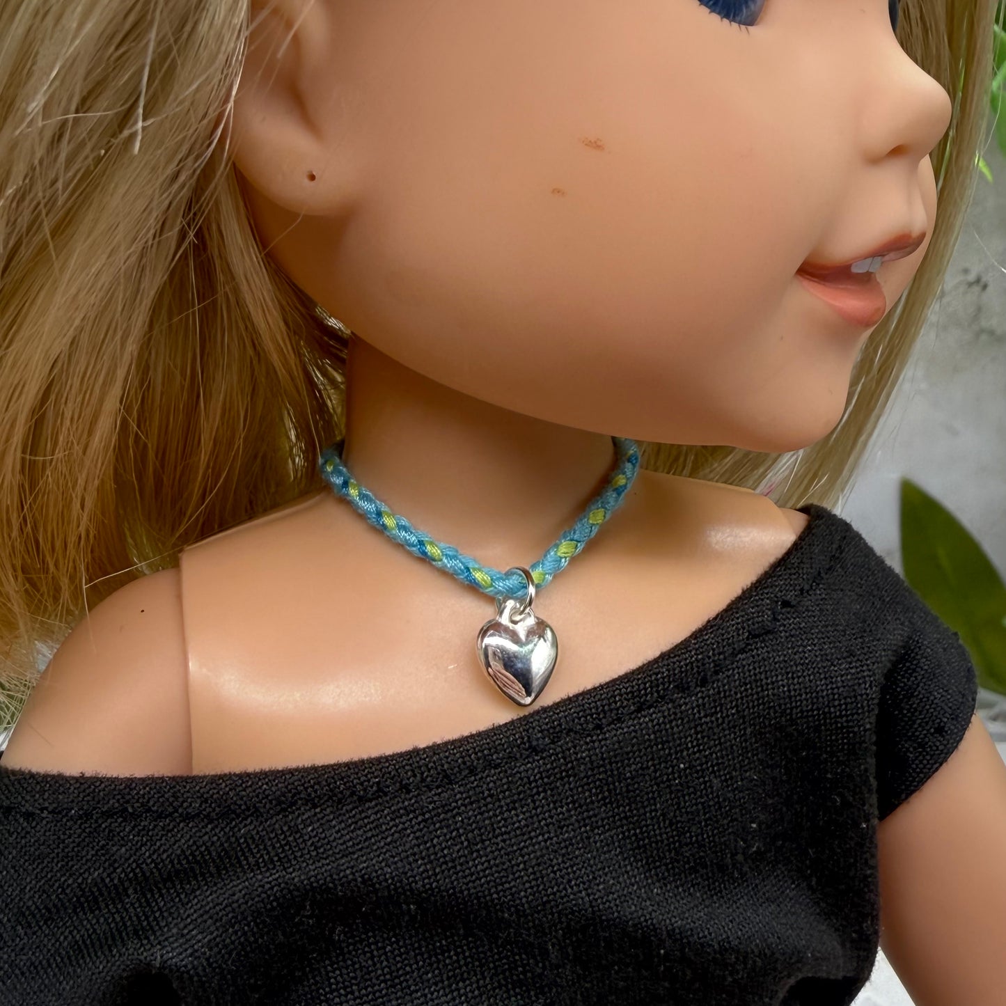 Turquoise Blue Green Braided Thread Doll Necklace w/ Silver Heart Charm • 14 Inch Fashion Doll Jewelry