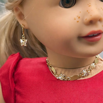 Gold Oval Link Clear Acrylic Crystal Butterfly Charm Doll Necklace & Earrings • 18 Inch Fashion Doll Jewelry