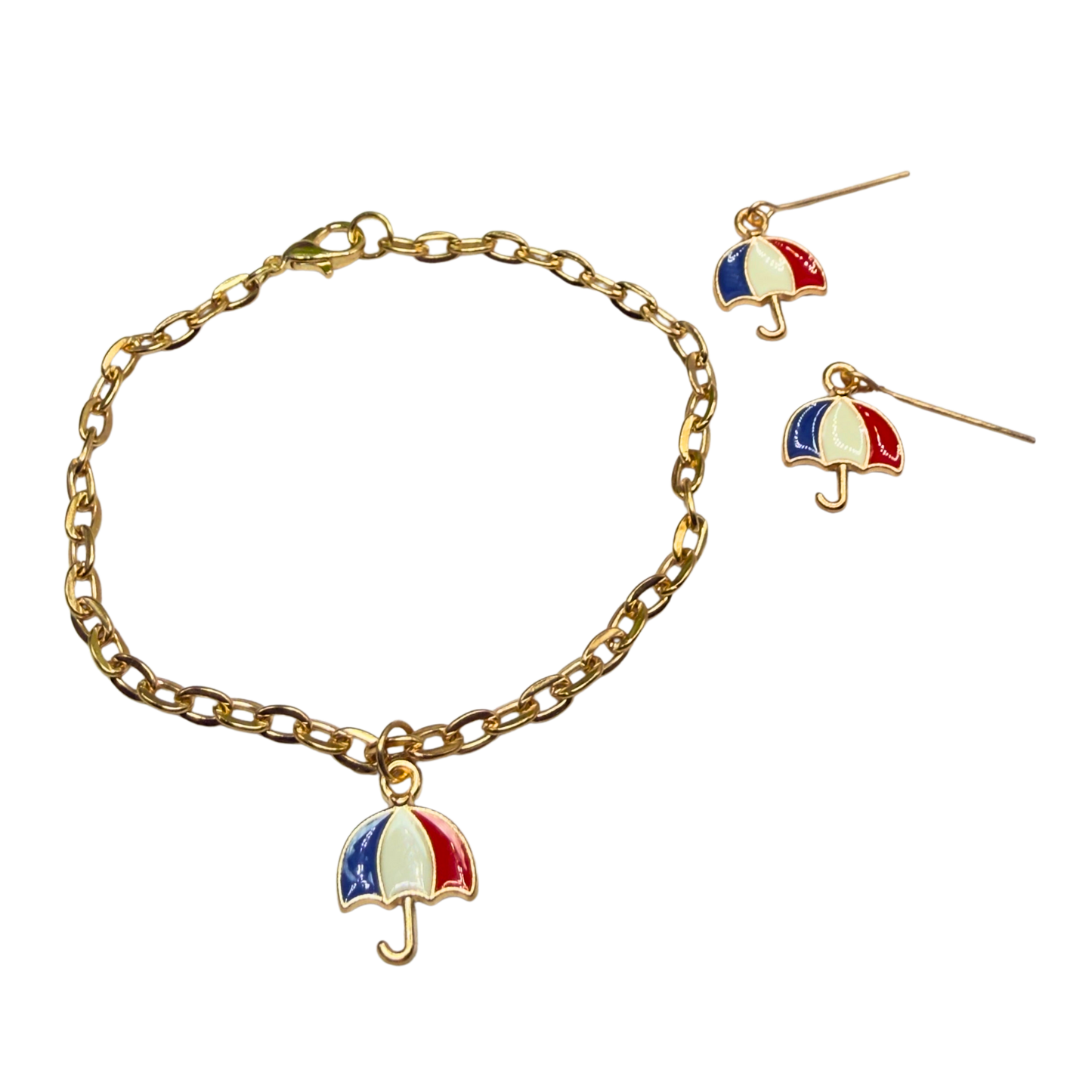 Red White Blue Patriotic Umbrella Charm Doll Necklace & Earrings for 18 Inch Fashion Doll