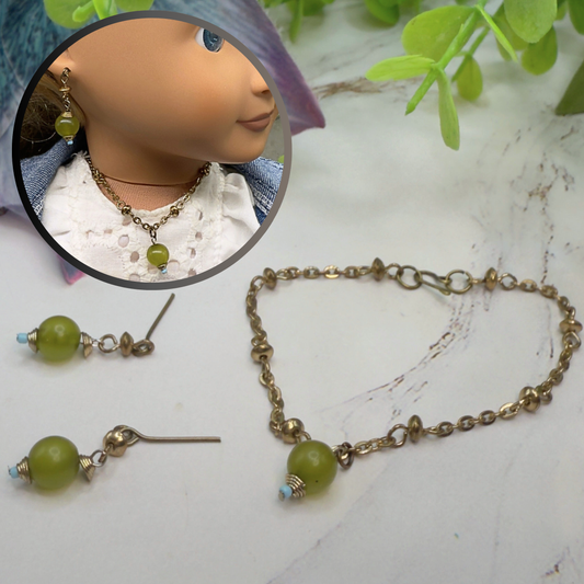 Light Olive Green Drop Gold Chain Doll Necklace & Earrings Set • 18 Inch Fashion Doll Jewelry