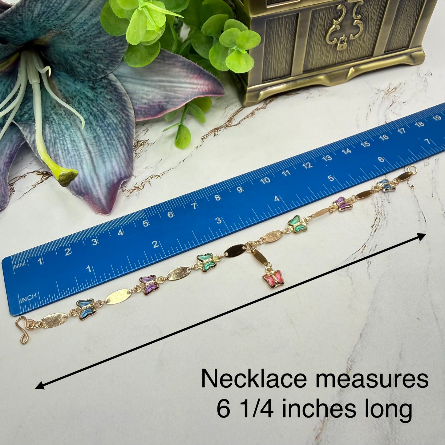 Multi Color Acrylic Crystal Butterfly Charm Gold Oval Link Doll Necklace & Earrings Set for 18 Inch Fashion Dolls