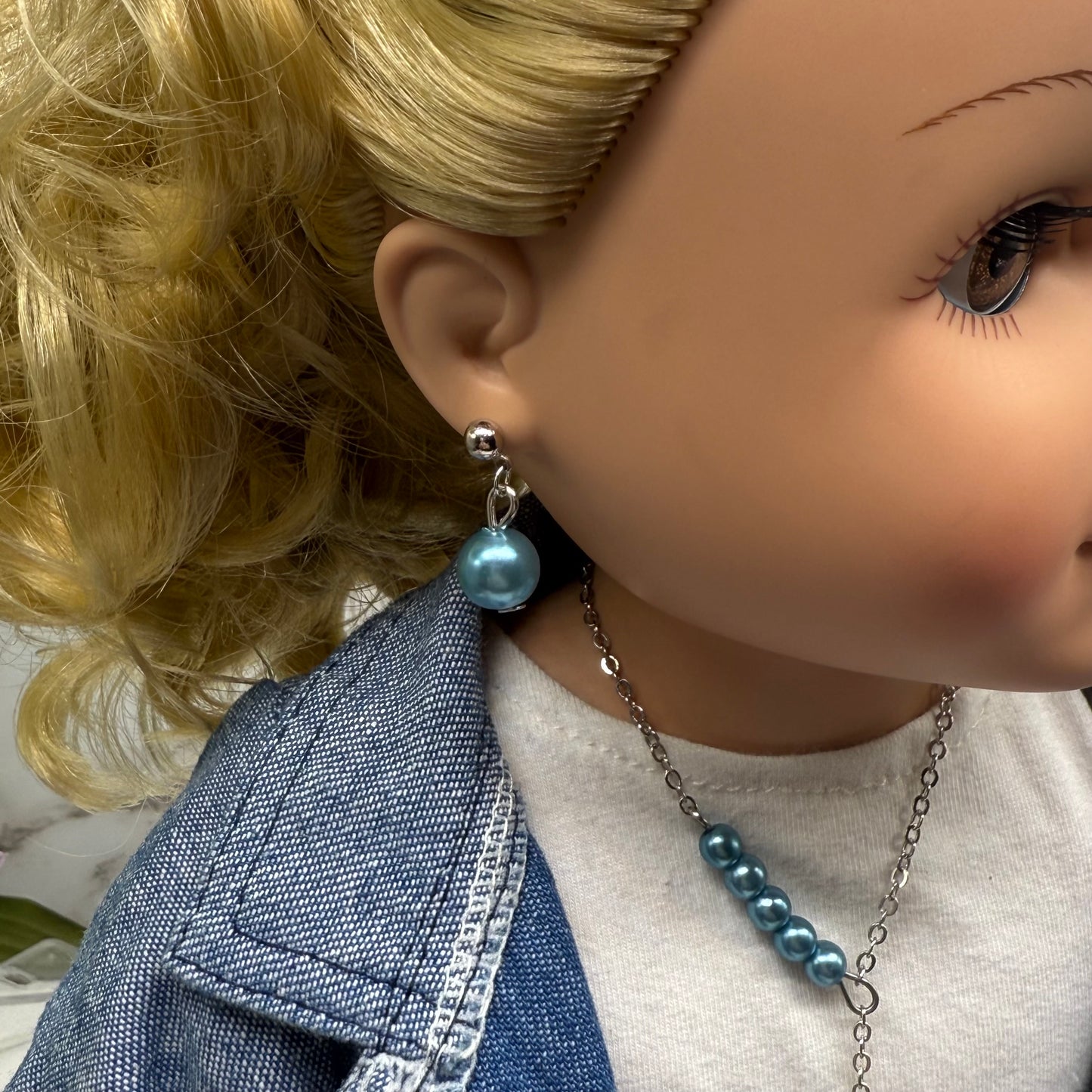 Turquoise Dusty Blue Pearl Drop Necklace & Earrings Set • 18 Inch Fashion Doll Jewelry