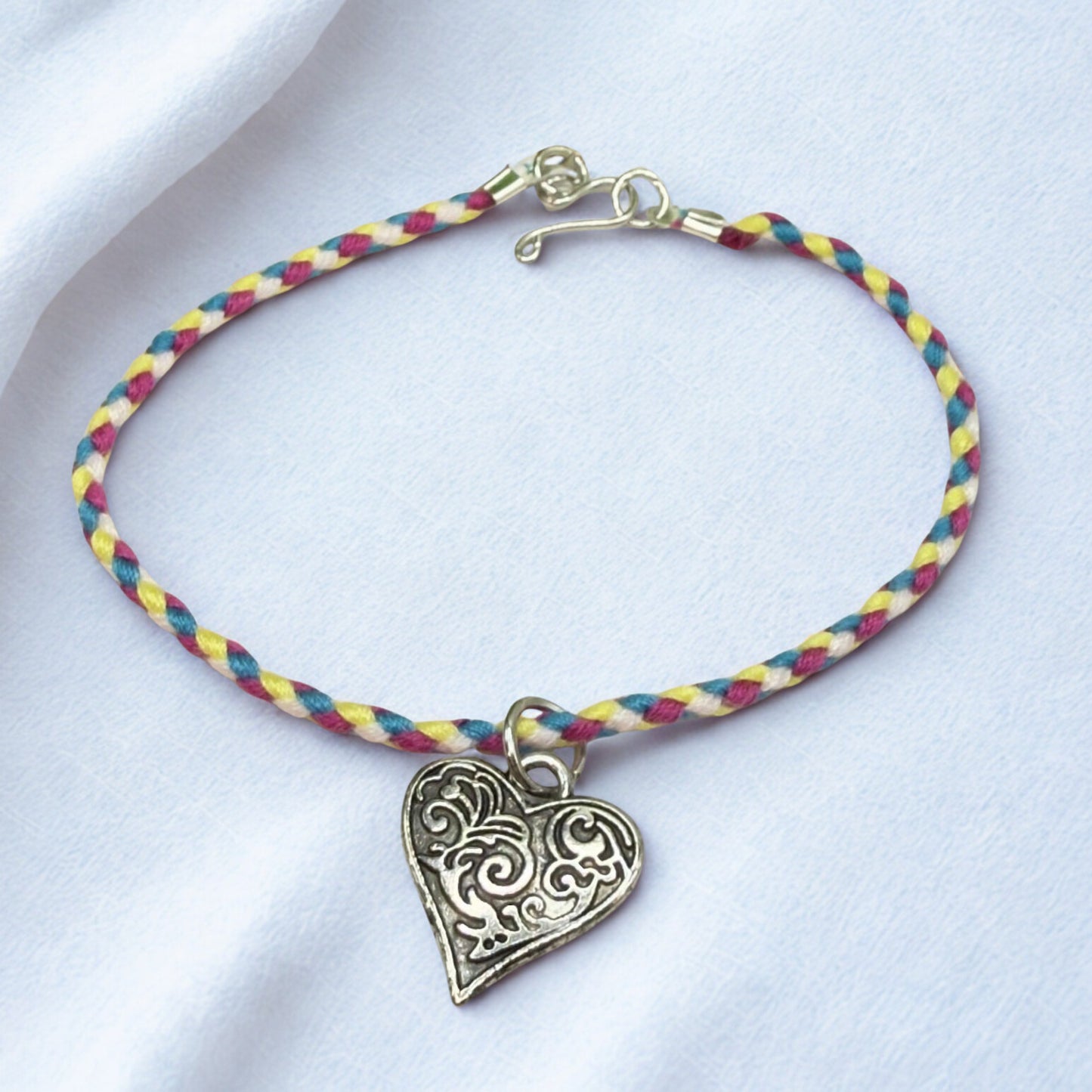 Braided Thread Purple Blue Yellow Doll Necklace w/ Silver Heart Charm • 18 Inch Fashion Doll Jewelry
