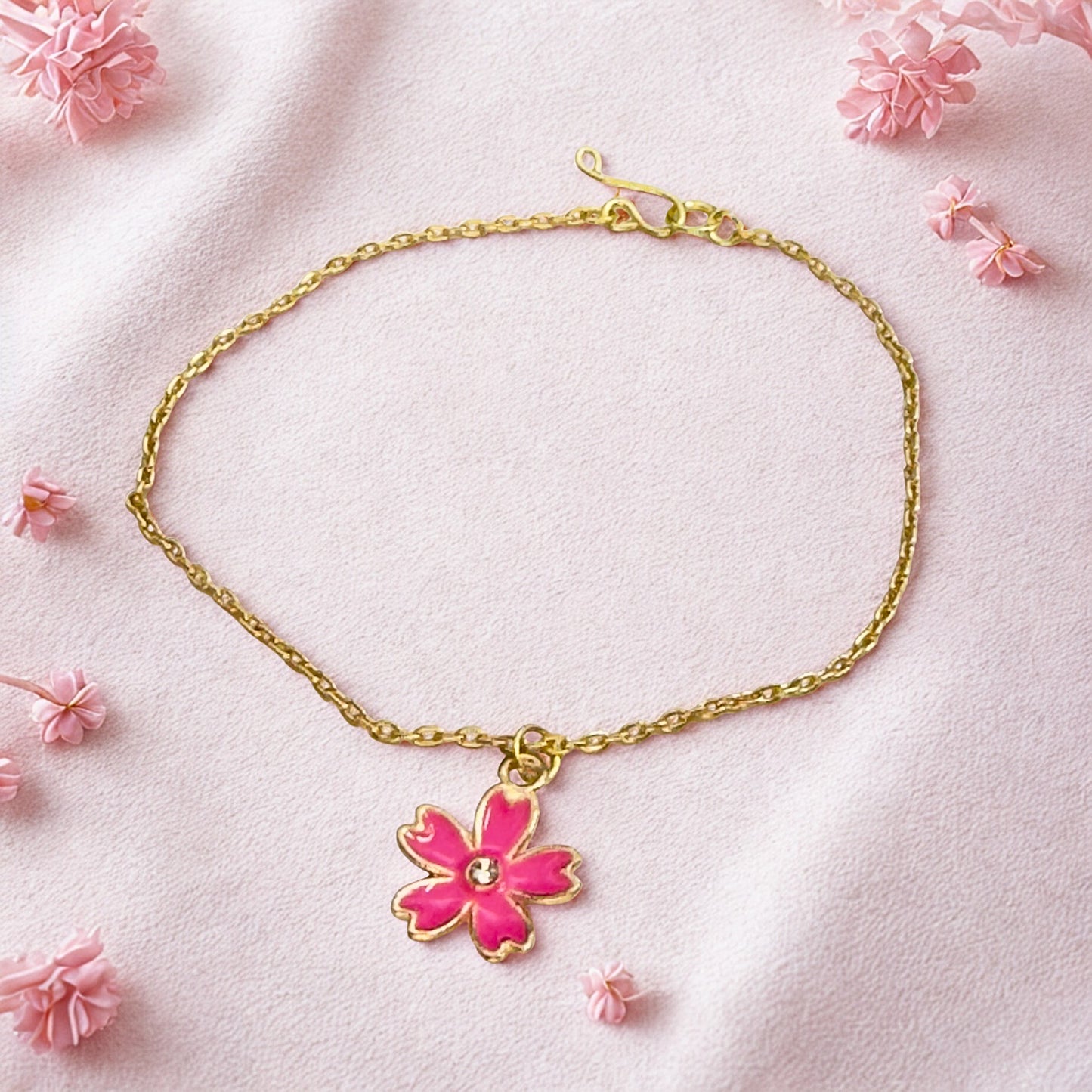 Pink Flower Charm Rhinestone Center Gold Doll Necklace • 18 Inch Fashion Doll Jewelry