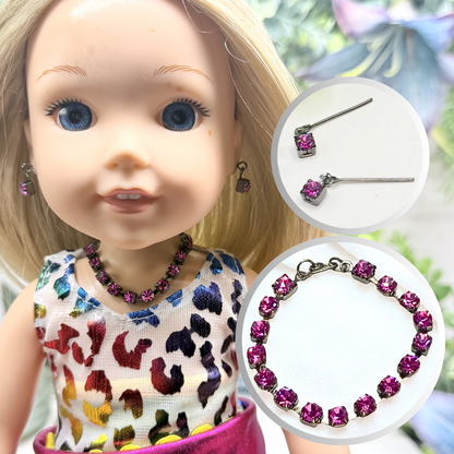 Hot Pink Rhinestone Doll Necklace & Earrings • 14 Inch Fashion Doll Jewelry