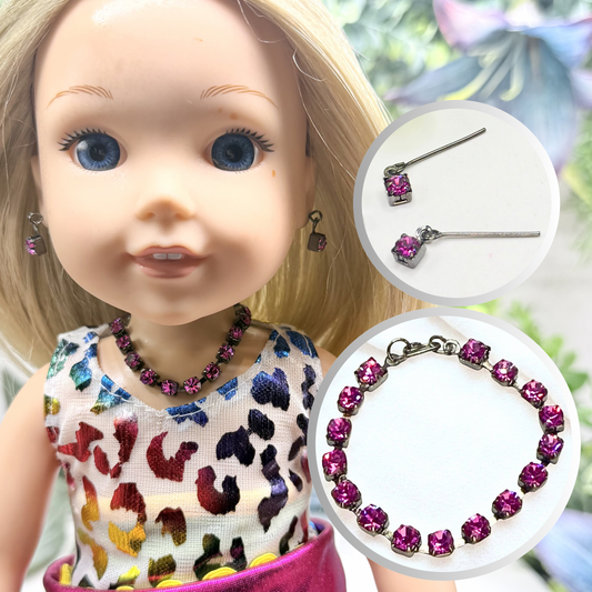 Hot Pink Rhinestone Doll Necklace & Earrings • 14 Inch Fashion Doll Jewelry