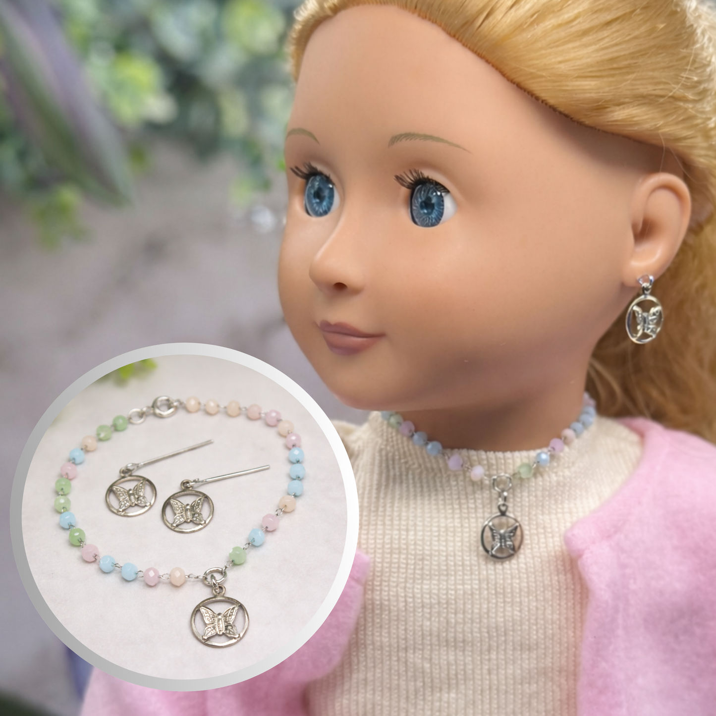 Pastel Blue Pink Green Glass Bead Silver Butterfly Charm Doll Necklace & Earrings Set • 18 Inch Fashion Doll Jewelry