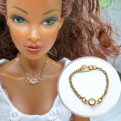 Round Clear Crystal Gold Chain Doll Necklace • 16 Inch Fashion Doll Jewelry
