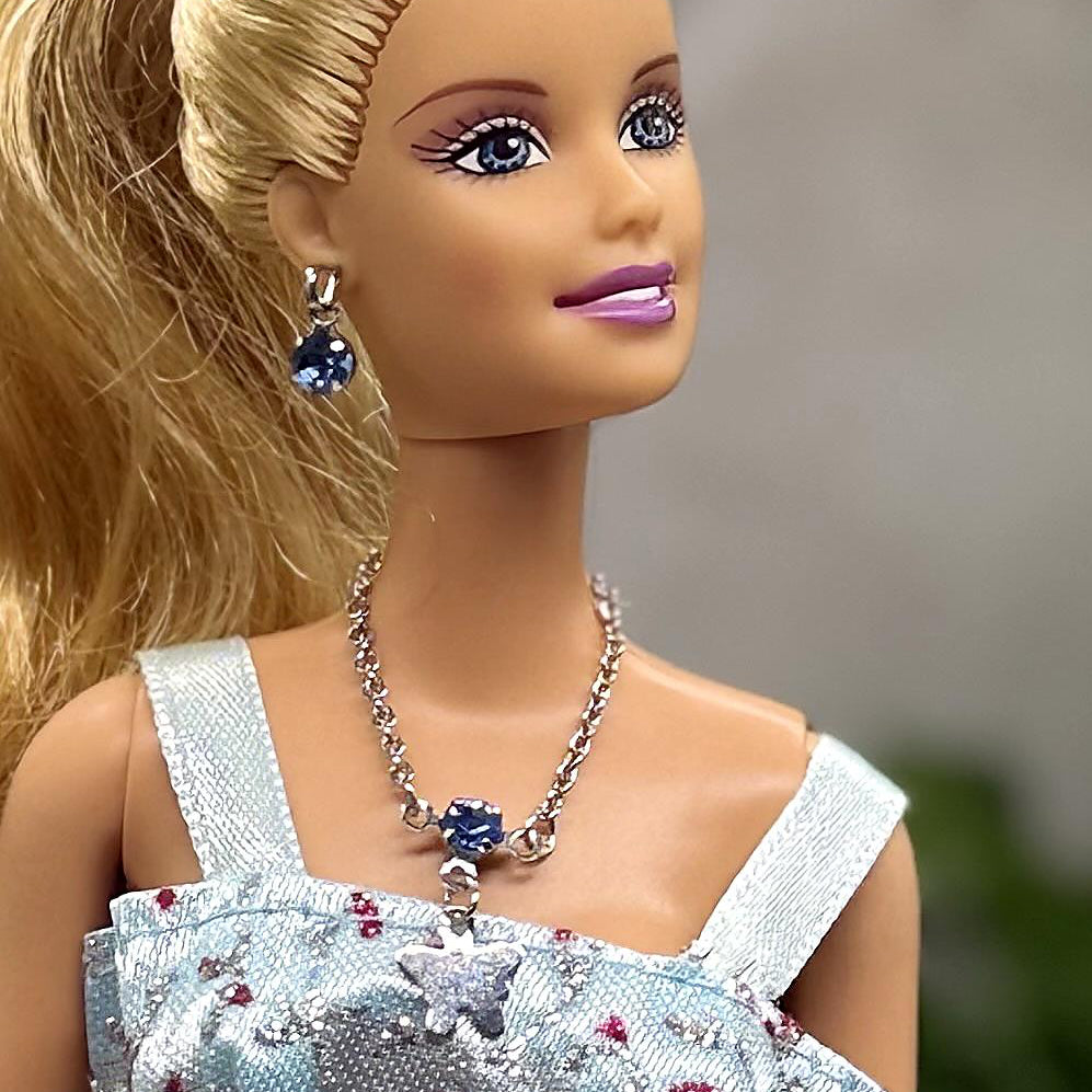 Blue Rhinestone Silver Butterfly Charm Doll Necklace & Earrings for 10-12 Inch Fashion Dolls 1:6