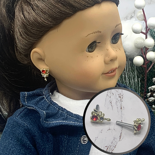 Red Rhinestone Gold Heart Post Doll Earrings 2mm Post • fits 18” American Girl