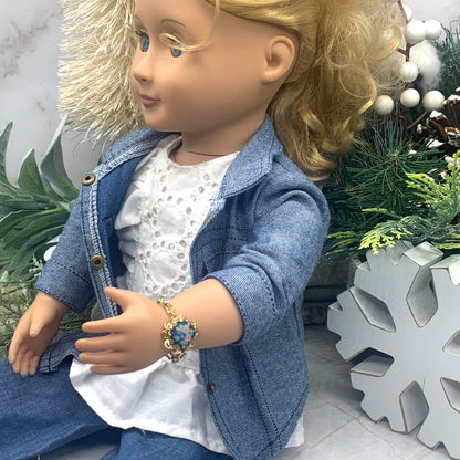 Blue Flower Rose Design Gold Filigree & Chain Doll Bracelet • 18” Doll Jewelry