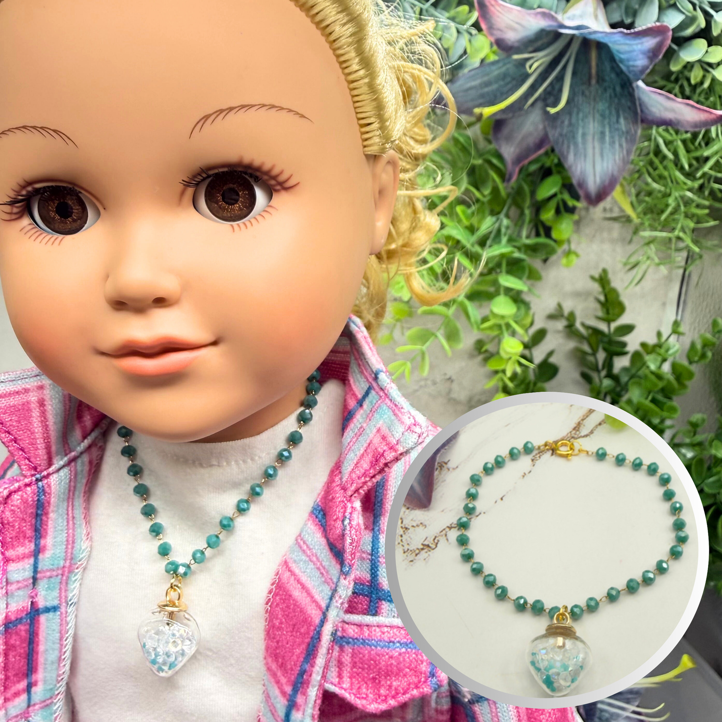 Clear Heart Charm W/ Crystals Turquoise Blue Glass Beaded Doll Necklace • 18 Inch Fashion Doll Jewelry