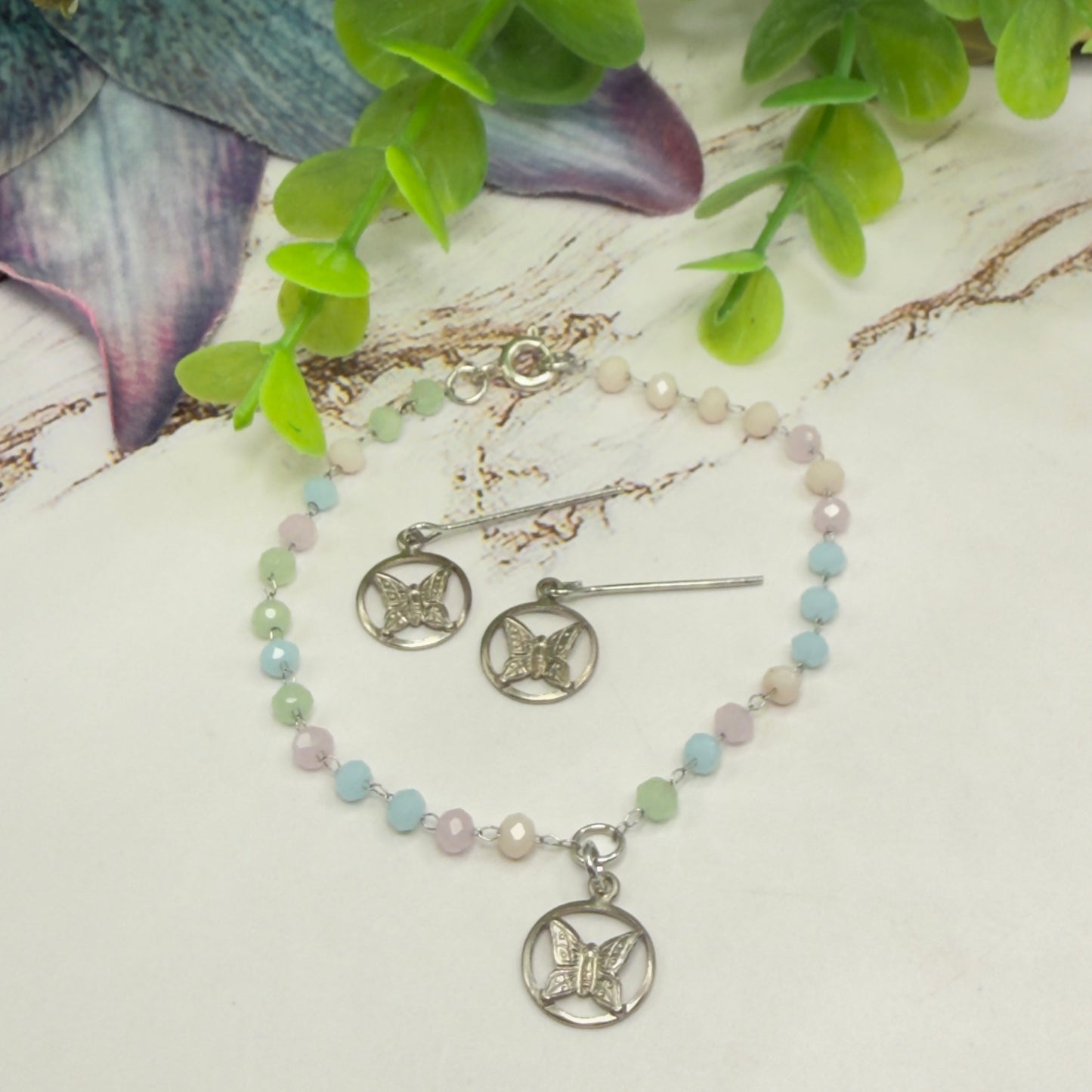 Pastel Blue Pink Green Glass Bead Silver Butterfly Charm Doll Necklace & Earrings Set • 18 Inch Fashion Doll Jewelry