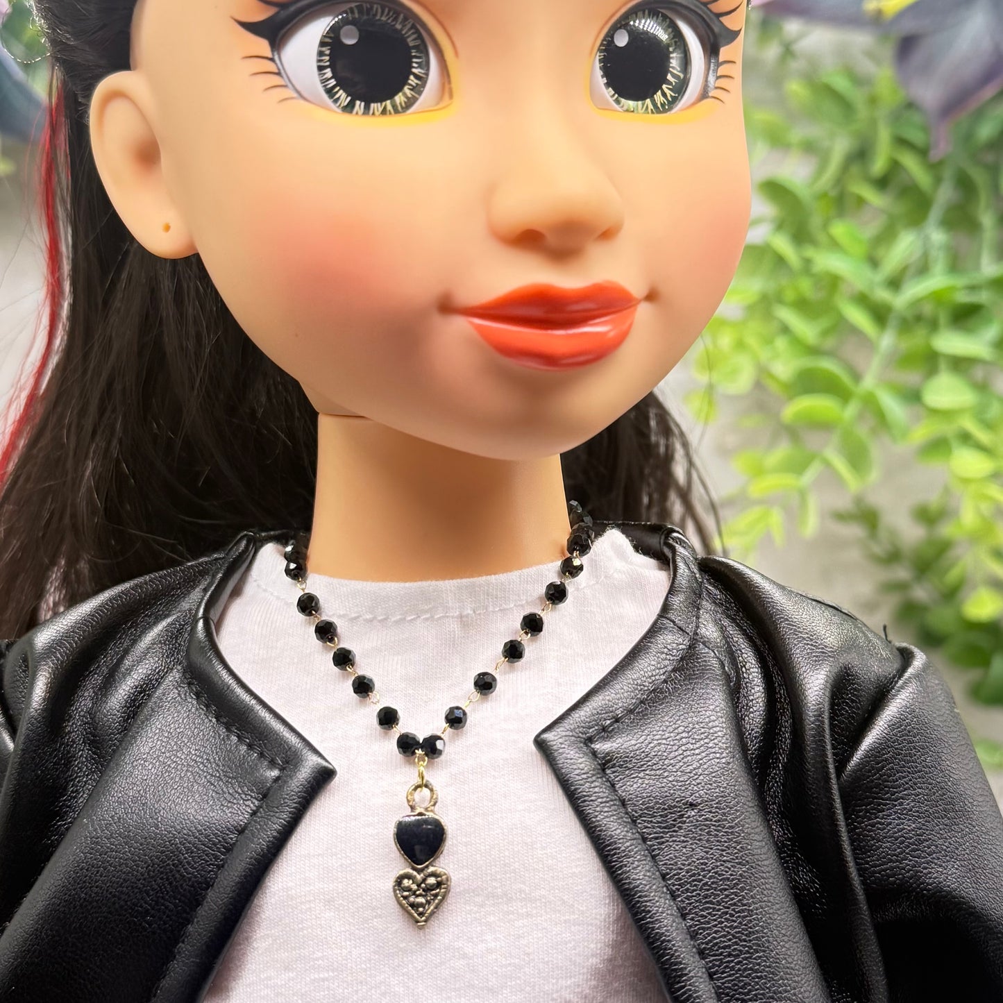 Black Crystal Beaded Double Heart Charm Doll Necklace • 18 Inch Fashion Doll Jewelry