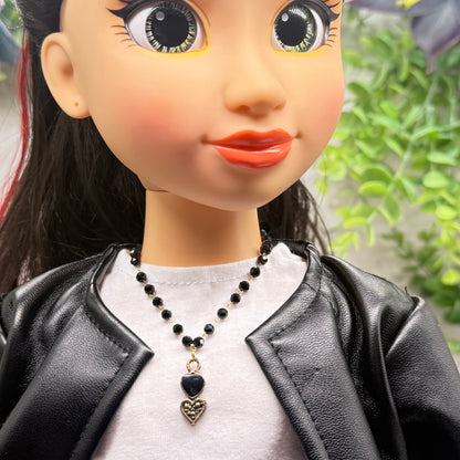Black Crystal Beaded Double Heart Charm Doll Necklace • 18 Inch Fashion Doll Jewelry