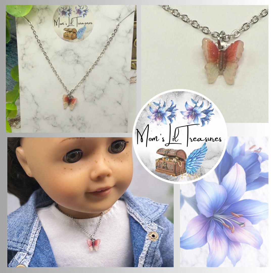 Coral Red Brown Gradient Butterfly Charm Silver Doll Necklace • 18 Inch Fashion Doll Jewelry