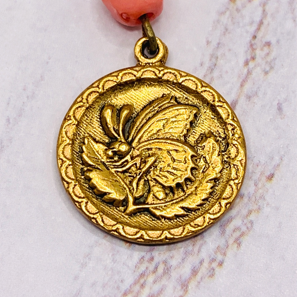 Gold Tone Bow Pin Pink Bead Gold Butterfly Flower Design Dangle • Doll Brooch