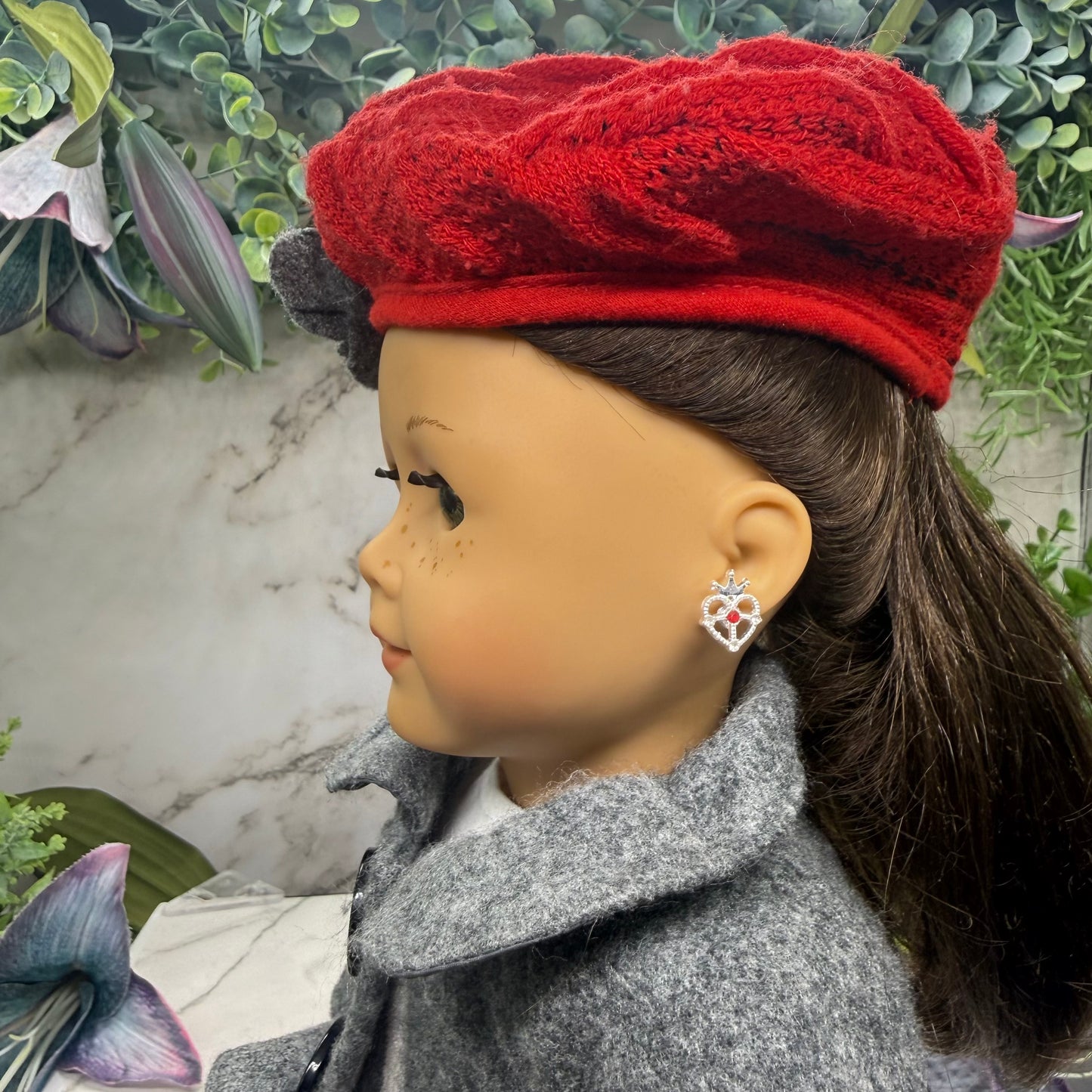 Silver Heart w/ Crown Red Rhinestone Post Doll Earrings • 2mm Post for 18 Inch Fashion Doll