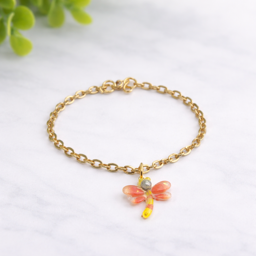 Yellow Orange Dragonfly Charm Gold Chain Doll Necklace • 14 Inch Fashion Doll Jewelry