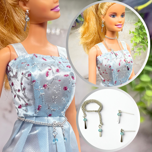 Light Blue Crystal Silver Dangle Wrap Layer Style Doll Necklace / Belt & Earrings • 10-12 Inch Fashion Doll Jewelry 1:6