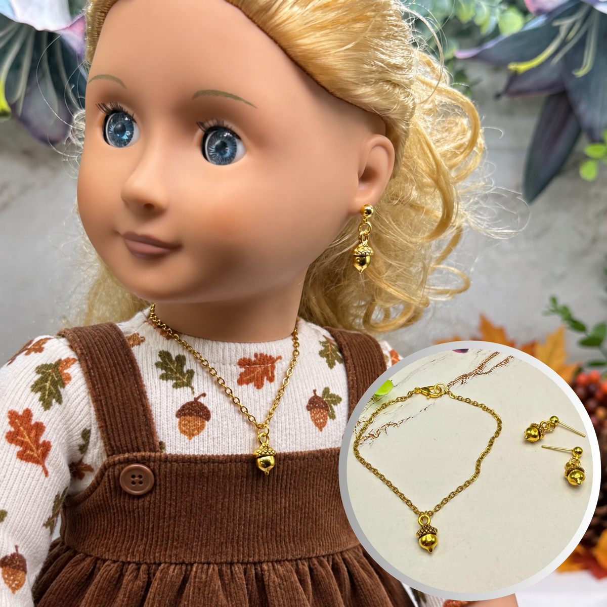 Acorn Harvest Autumn Charm Gold Doll Necklace and Earrings Set | for 18 Inch Fashion Doll