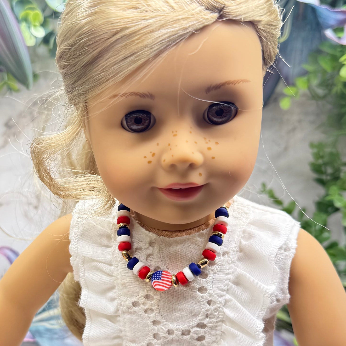 Red White Blue Beaded American Flag Charm Doll Necklace for 18 Inch Fashion Doll