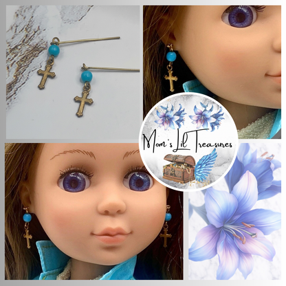 Turquoise Blue Glass Gold Cross Dangle Doll Earrings · 14” Fashion Doll Jewelry