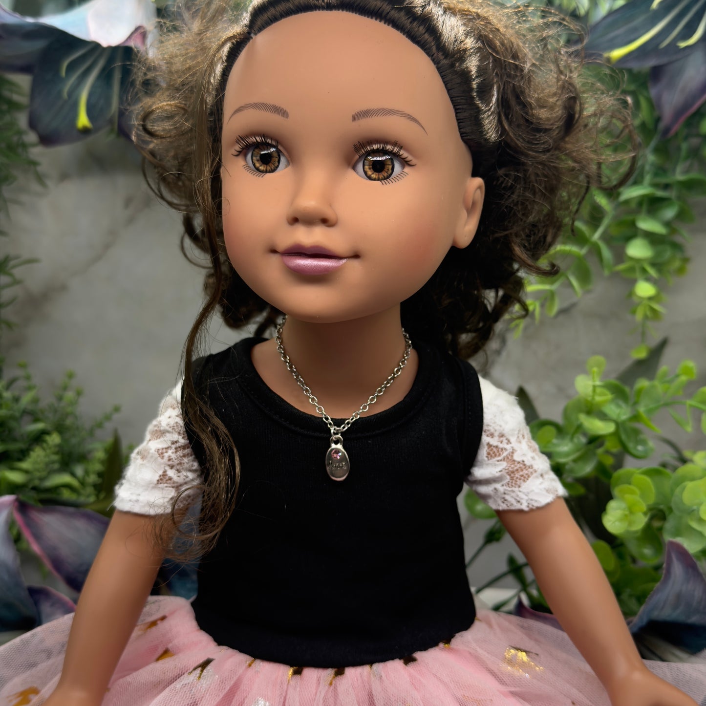 Oval Silver Pendant Etched Love Pink Rhinestone Accent Doll Necklace • 18 Inch Fashion Doll Jewelry