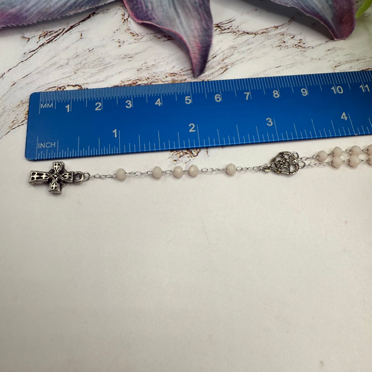 Cream Color - Off White Glass Crystal Beaded Silver Cross • Doll Size Catholic Rosary for 18-22” Fashion or Vintage Dolls