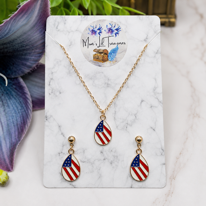 Red White Blue Patriotic Flag Design Teardrop Charm Doll Necklace & 2mm Post Earrings for 18 Inch Fashion Doll