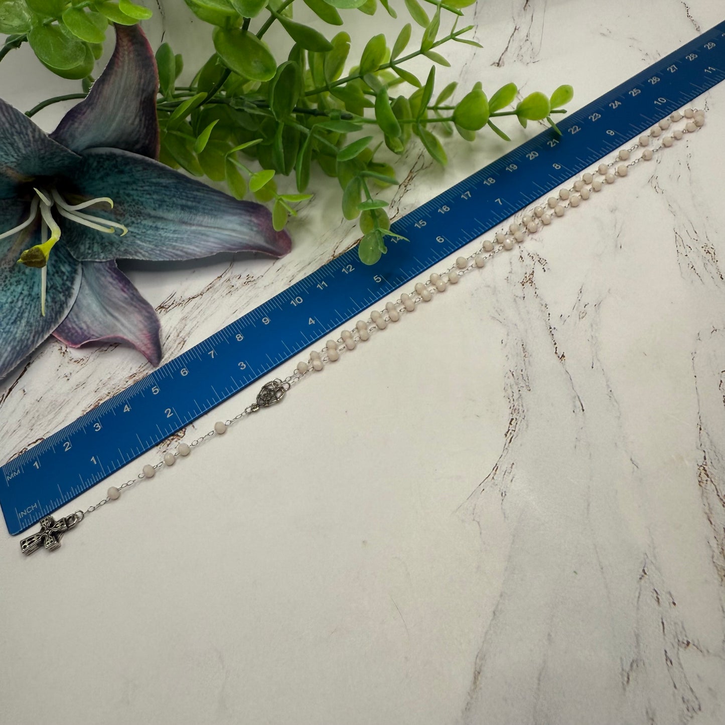 Cream Color - Off White Glass Crystal Beaded Silver Cross • Doll Size Catholic Rosary for 18-22” Fashion or Vintage Dolls