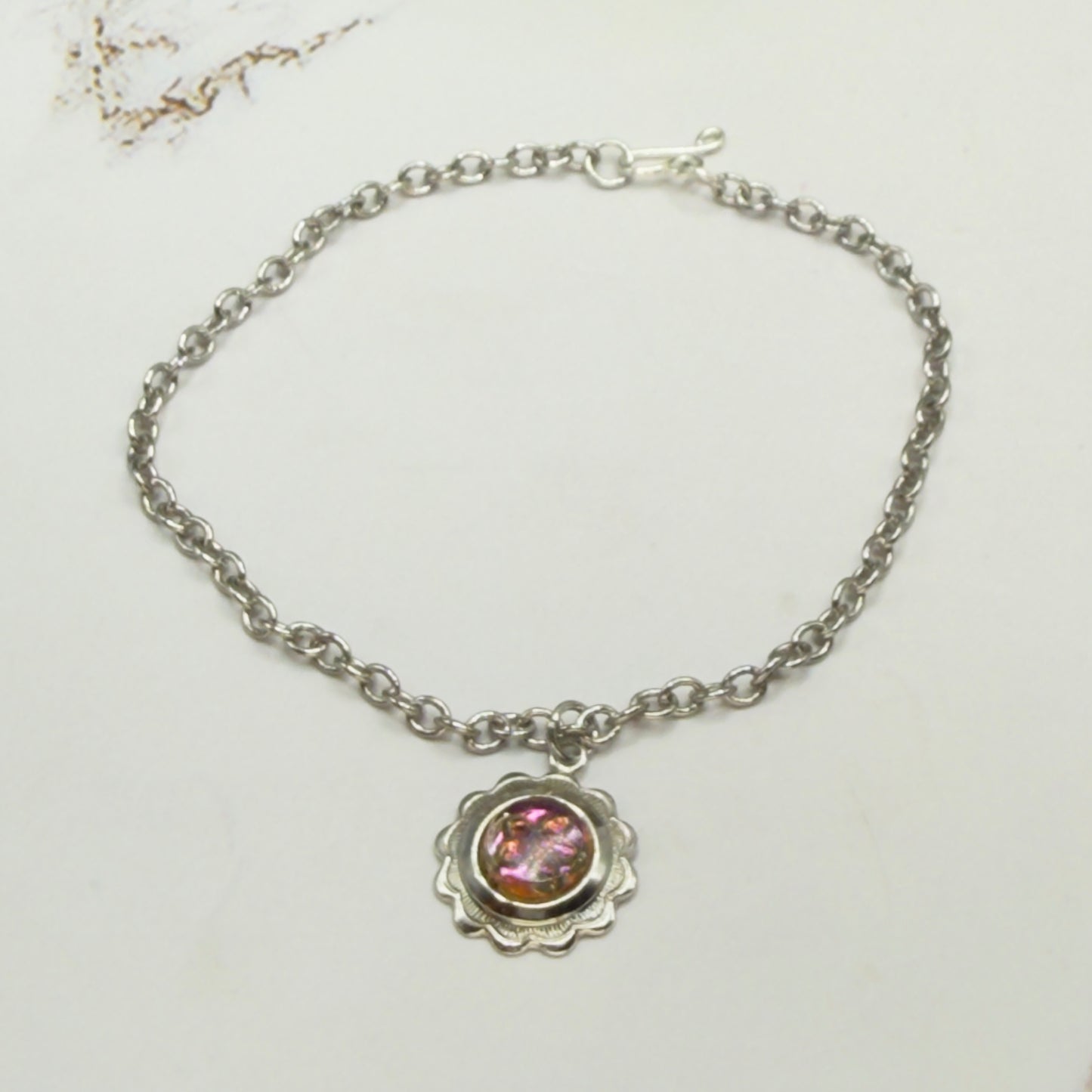 Iridescent Purple Blue Round Flower Design Charm Silver Doll Necklace • 18 Inch Fashion Doll Jewelry