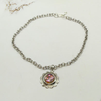 Iridescent Purple Blue Round Flower Design Charm Silver Doll Necklace • 18 Inch Fashion Doll Jewelry