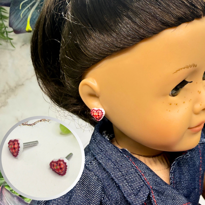 Burgundy Red Lattice Design Heart Post Doll Earrings • 2mm Post for 18 Inch Fashion Doll