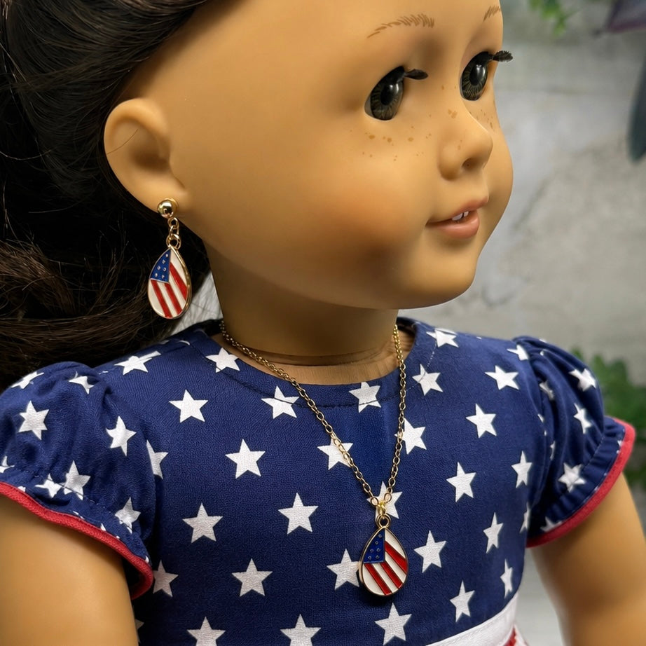 Red White Blue Patriotic Flag Design Teardrop Charm Doll Necklace & 2mm Post Earrings | fits 18 Inch Fashion Doll