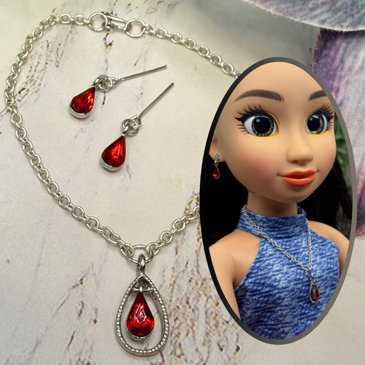 Red Teardrop Rhinestone Necklace & Earrings Set • 18” Fashion Doll Jewelry