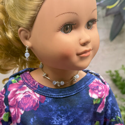 Light Blue Cat’s Eye Silver Curved Link Doll Necklace & Earrings Set • 18 Inch Fashion Doll Jewelry