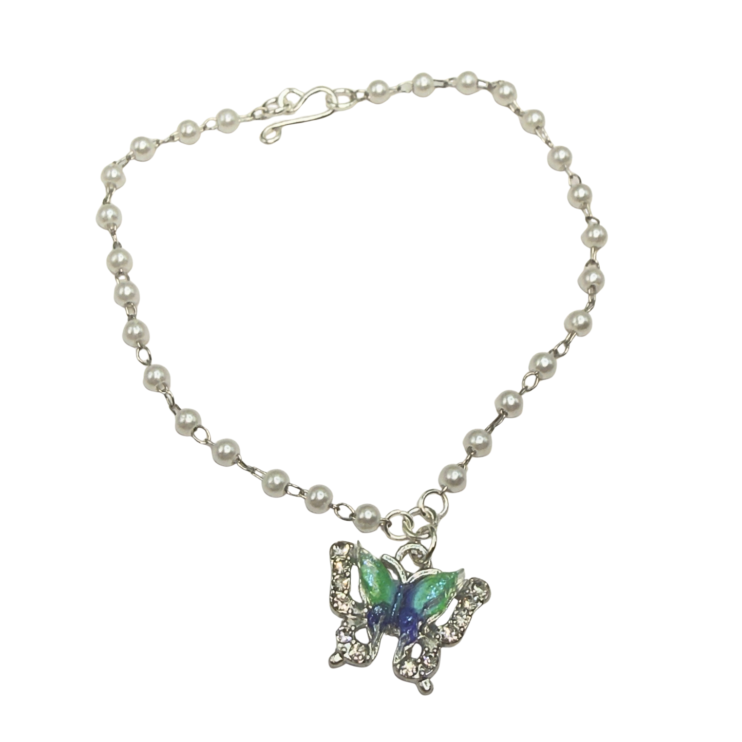 Turquoise Green Blue Butterfly Charm Pearl Beaded Doll Necklace • 18 Inch Fashion Doll Jewelry
