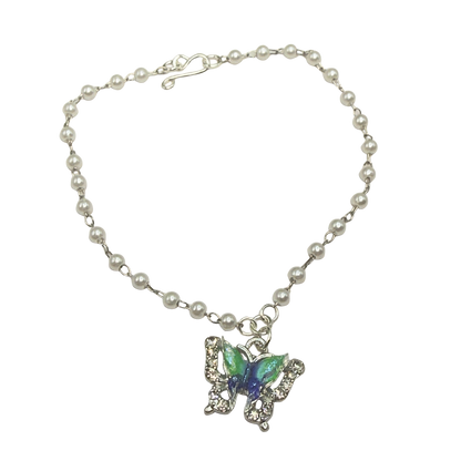Turquoise Green Blue Butterfly Charm Pearl Beaded Doll Necklace • 18 Inch Fashion Doll Jewelry