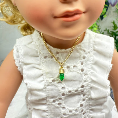 Green Christmas Light Charm Gold Doll Necklace • 18 Inch Fashion Doll Jewelry