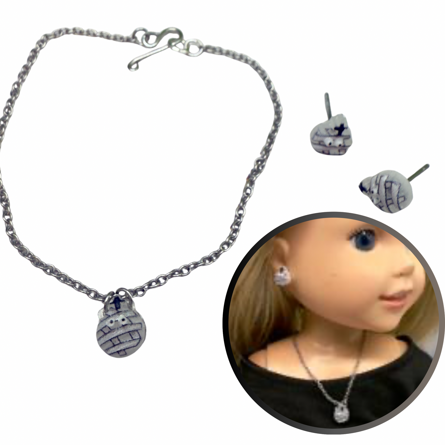 Mummy Halloween Doll Necklace and Earrings Set • 14 Inch Doll Jewelry