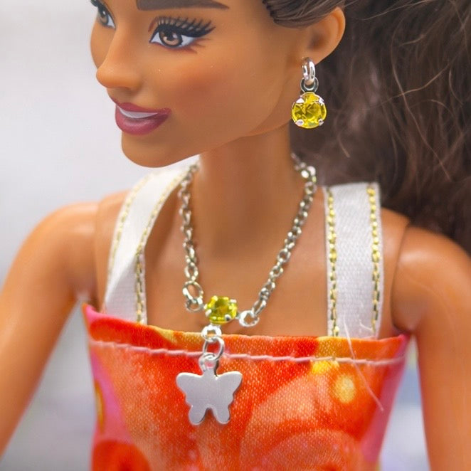 Silver Butterfly Yellow Rhinestone Charm Doll Necklace & Earrings • 10-12 Inch Fashion Doll Jewelry 1:6