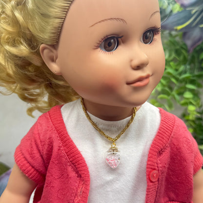 Clear Heart with Coral/Pink Crystals (Glow in Dark) on Gold Chain Doll Necklace • 18 Inch Fashion Doll Jewelry