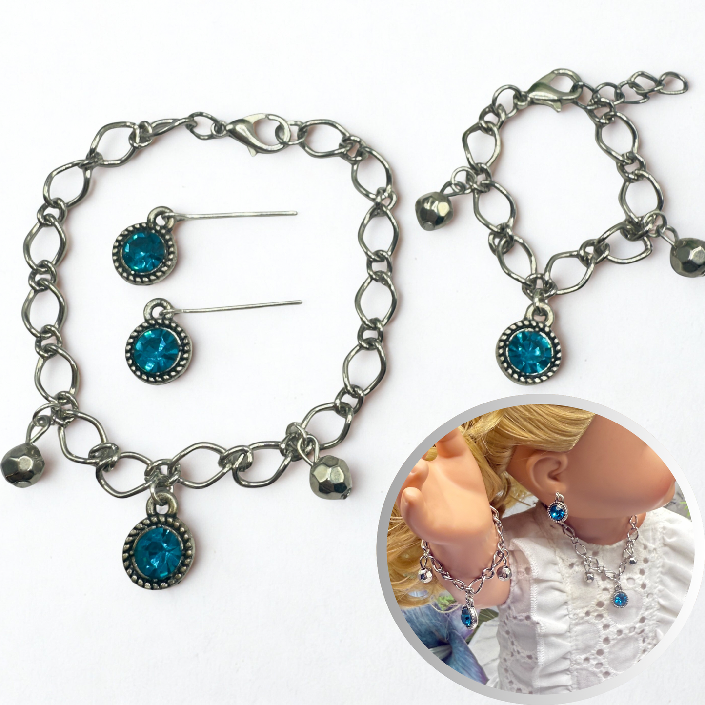 Round Turquoise Rhinestone Pendant Silver Link Doll Necklace Earrings Bracelet Set • 18 Inch Fashion Doll Jewelry