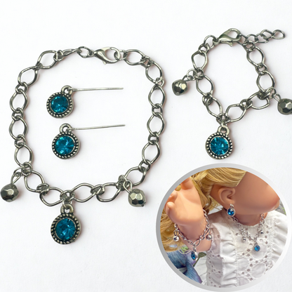 Round Turquoise Rhinestone Pendant Silver Link Doll Necklace Earrings Bracelet Set • 18 Inch Fashion Doll Jewelry