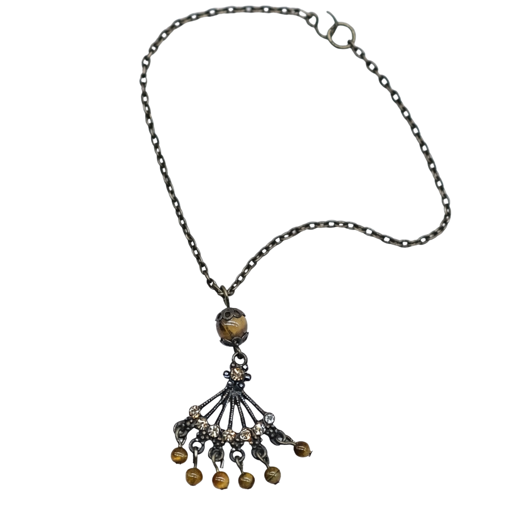 Bronze Fan Design Brown Bead Dangle Pendant Doll Necklace • 18 inch Doll Jewelry
